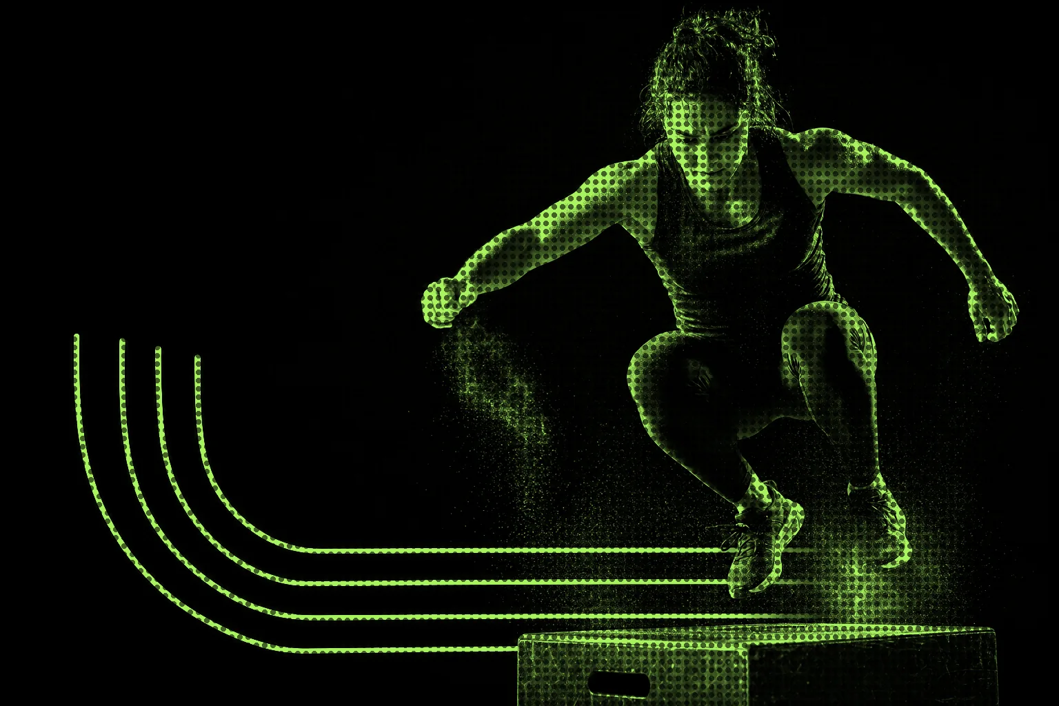 Athlete mid box jump with chalk in the air, printed as a two-colour chartreuse halftone plate