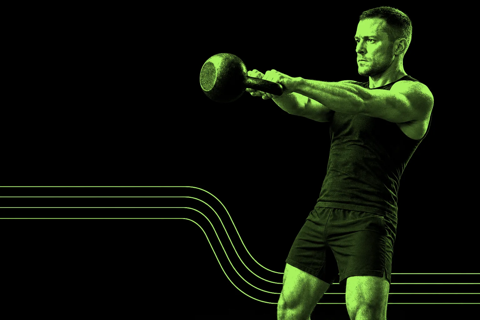 Athlete at the top of a kettlebell swing, printed as a two-colour chartreuse plate